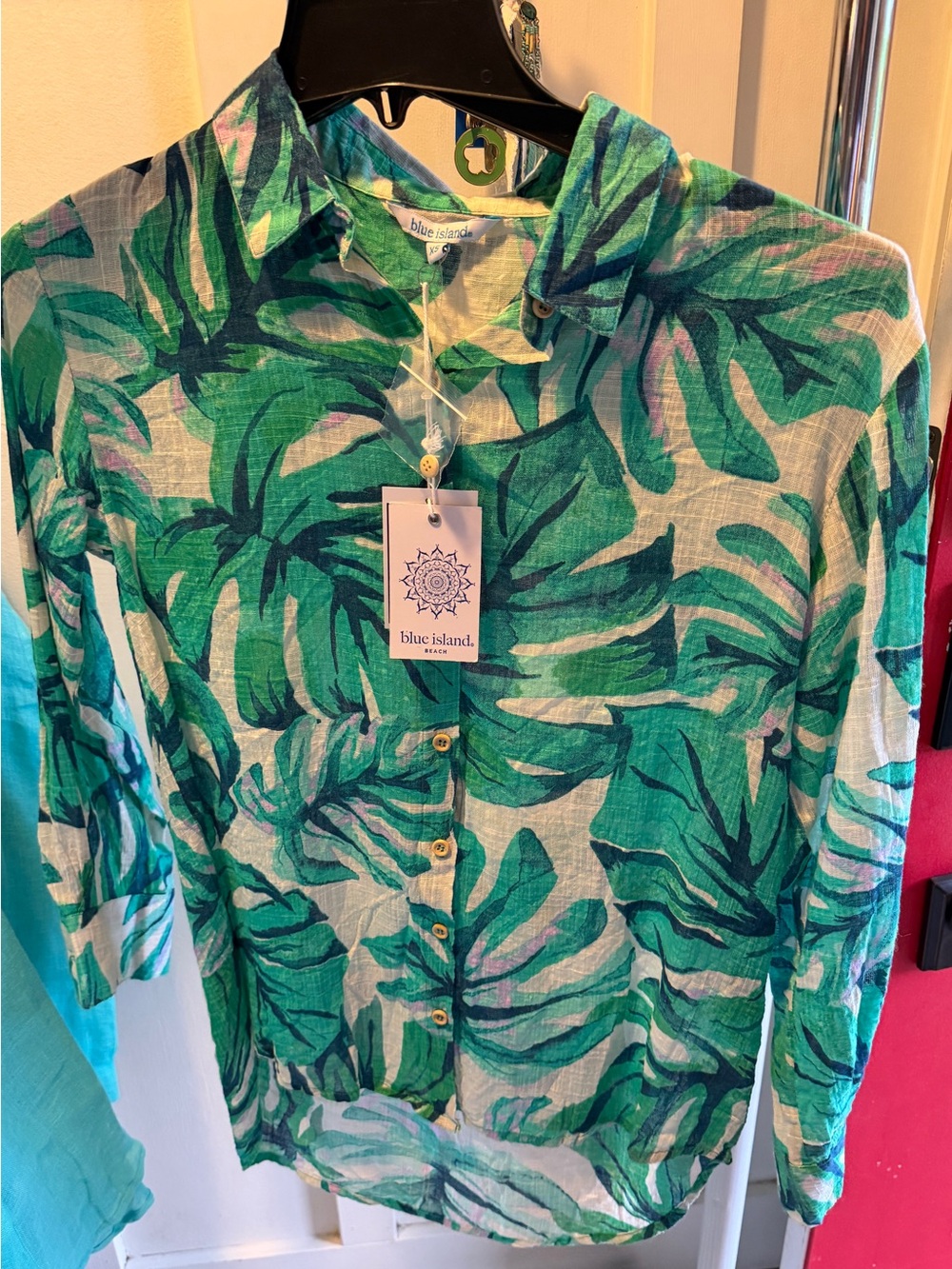 blue island Green and Teal Tropical Print Button-Up Top